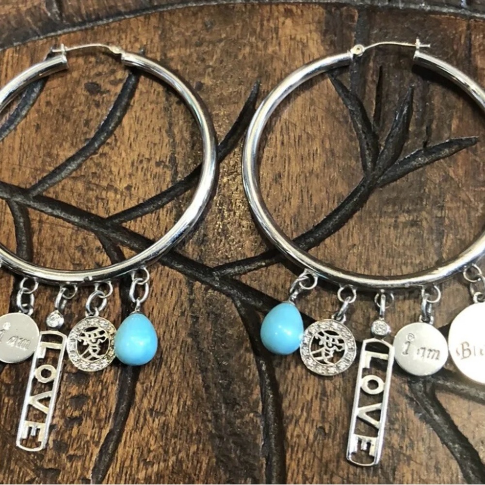 Mary Margrill 14k Gold “Love, I AM Blessed” Diam Turquoise Charms Hoop Earrings - Picture 5 of 8